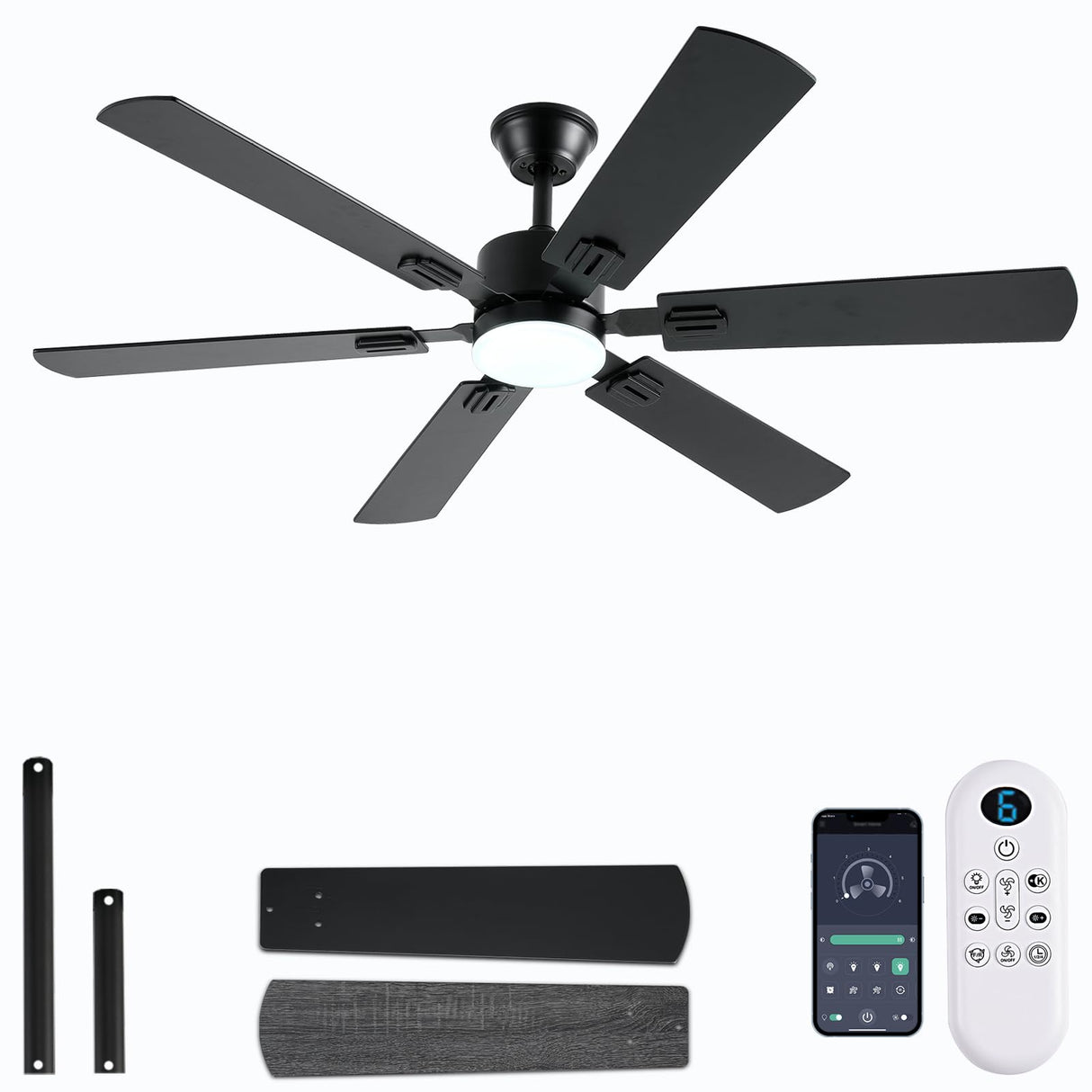 FUMLTP 56inch Black Ceiling Fans with Lights and Remote/App Control, Dimmable LED, Reversible DC Motor, Noiseless, 6 Double-Side blades, 6 Speeds Low Profile Ceiling Fan for Indoor/Outdoor Use FUMLTP