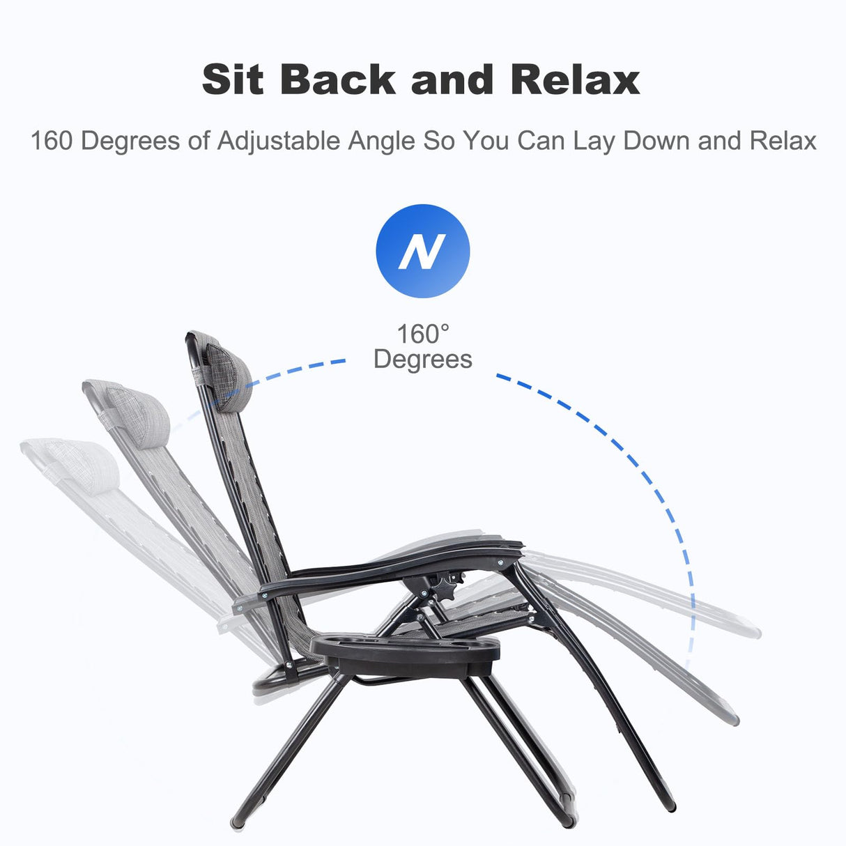 Nazhura Set of 2 Relaxing Recliners Patio Chairs Adjustable Steel Mesh Zero Gravity Lounge Chair Beach Chairs with Pillow and Cup Holder(Grey) Nazhura