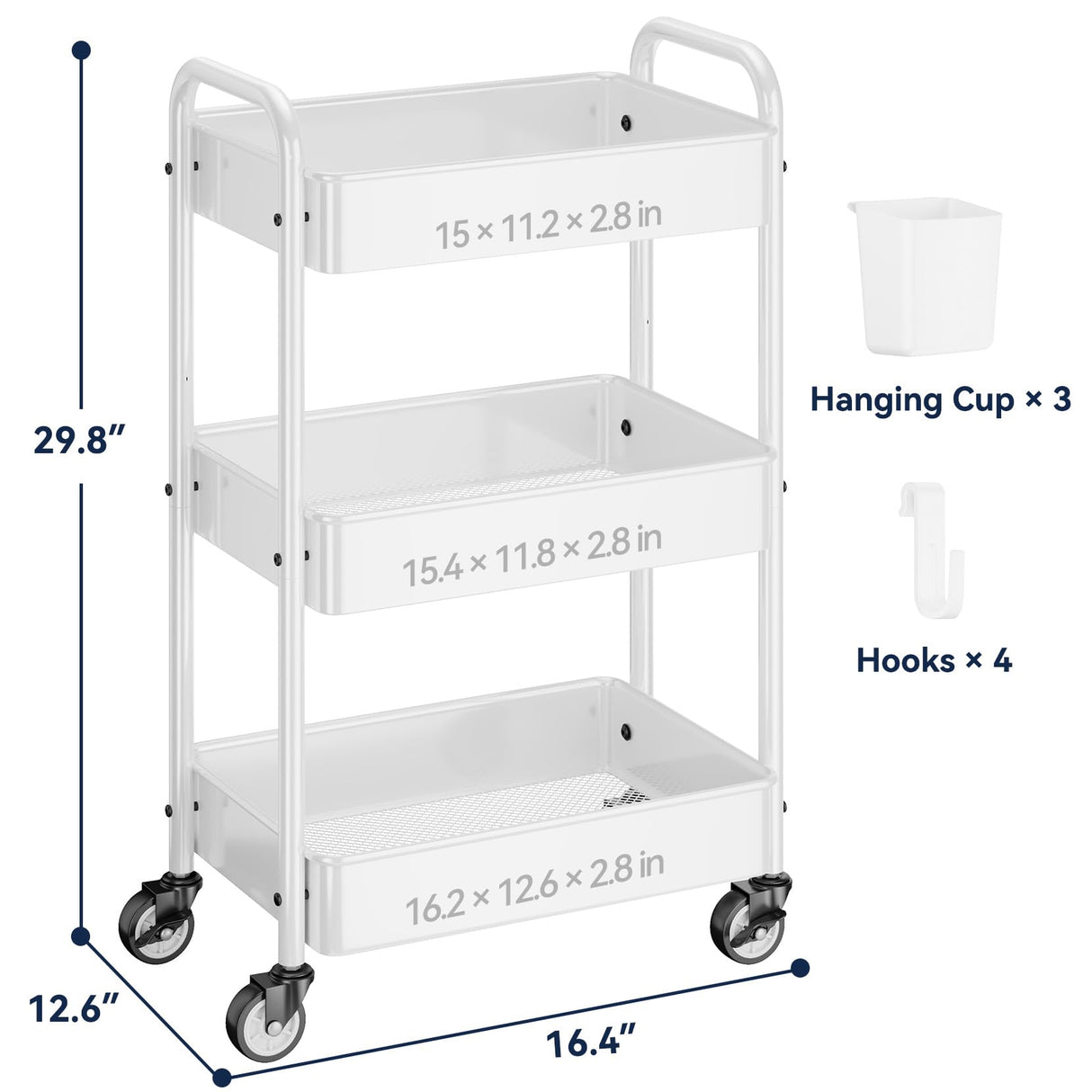 YASONIC Metal 3 Tier Rolling Cart - Heavy Duty Utility Cart with Lockable Wheels, Hanging Cups, Hooks, Mesh Rolling Storage Cart Craft Cart Organizer, Lightweight and Sturdy, White YASONIC