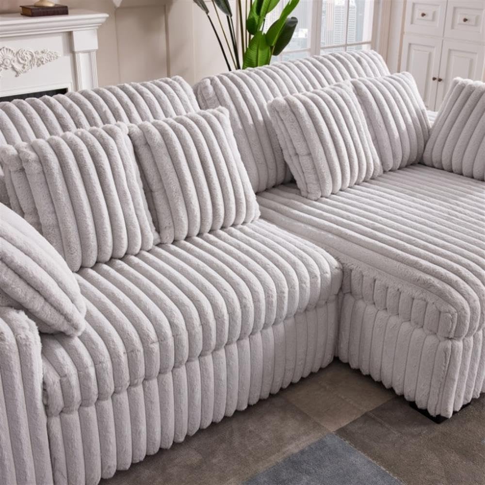 Pemberly Row 113" W Corduroy Fabric Cloud Convertible Sectional Deep Seat Sofa Slider with Power Recliner Glider, USB Charging Ports, and 6 Cushions in Presley Charcol for Living Room Pemberly Row