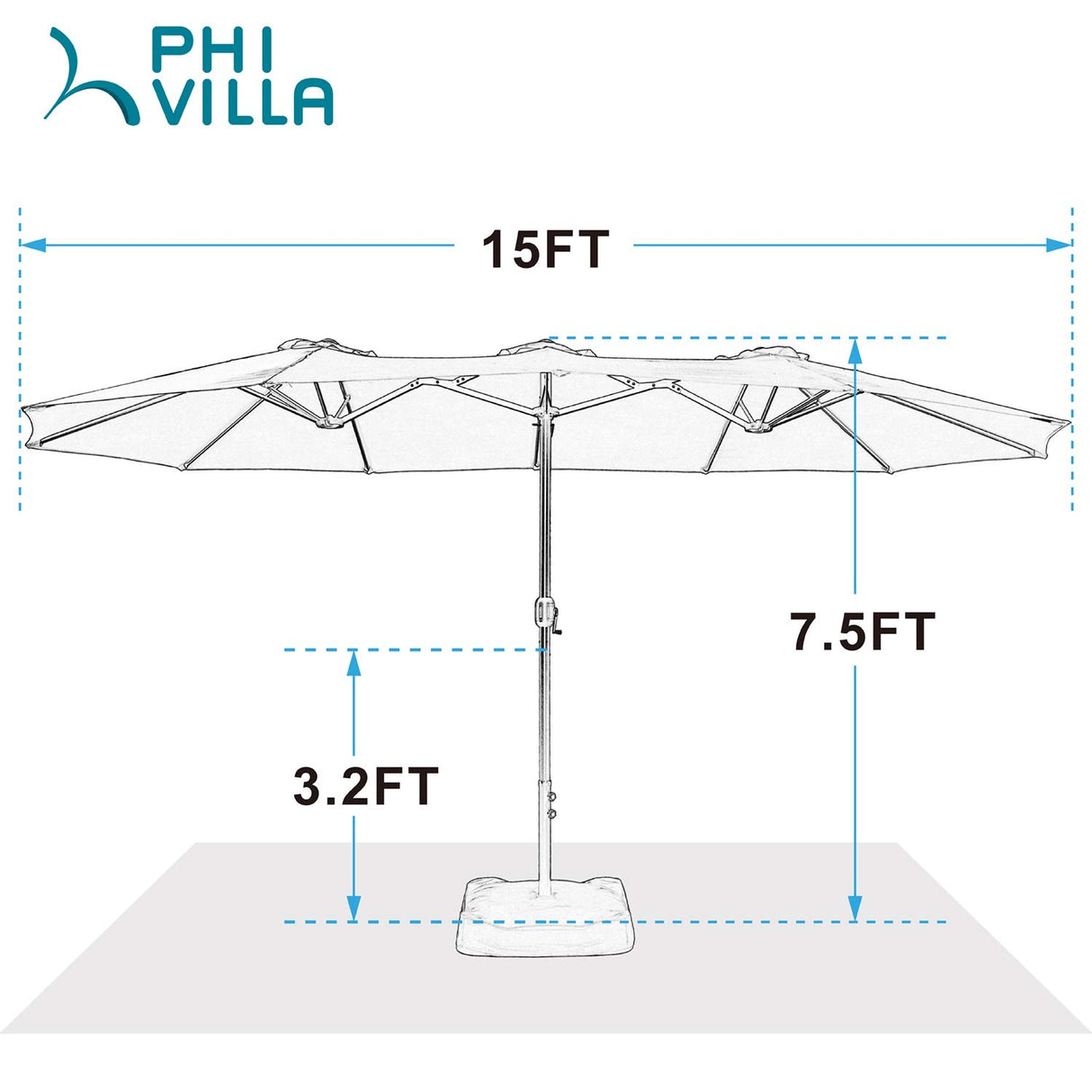 PHI VILLA 15ft Large Patio Umbrella Double-Sided Outdoor Market Pool Umbrellas with Crank, Umbrella Base (Stand) Included(Beige) PHI VILLA