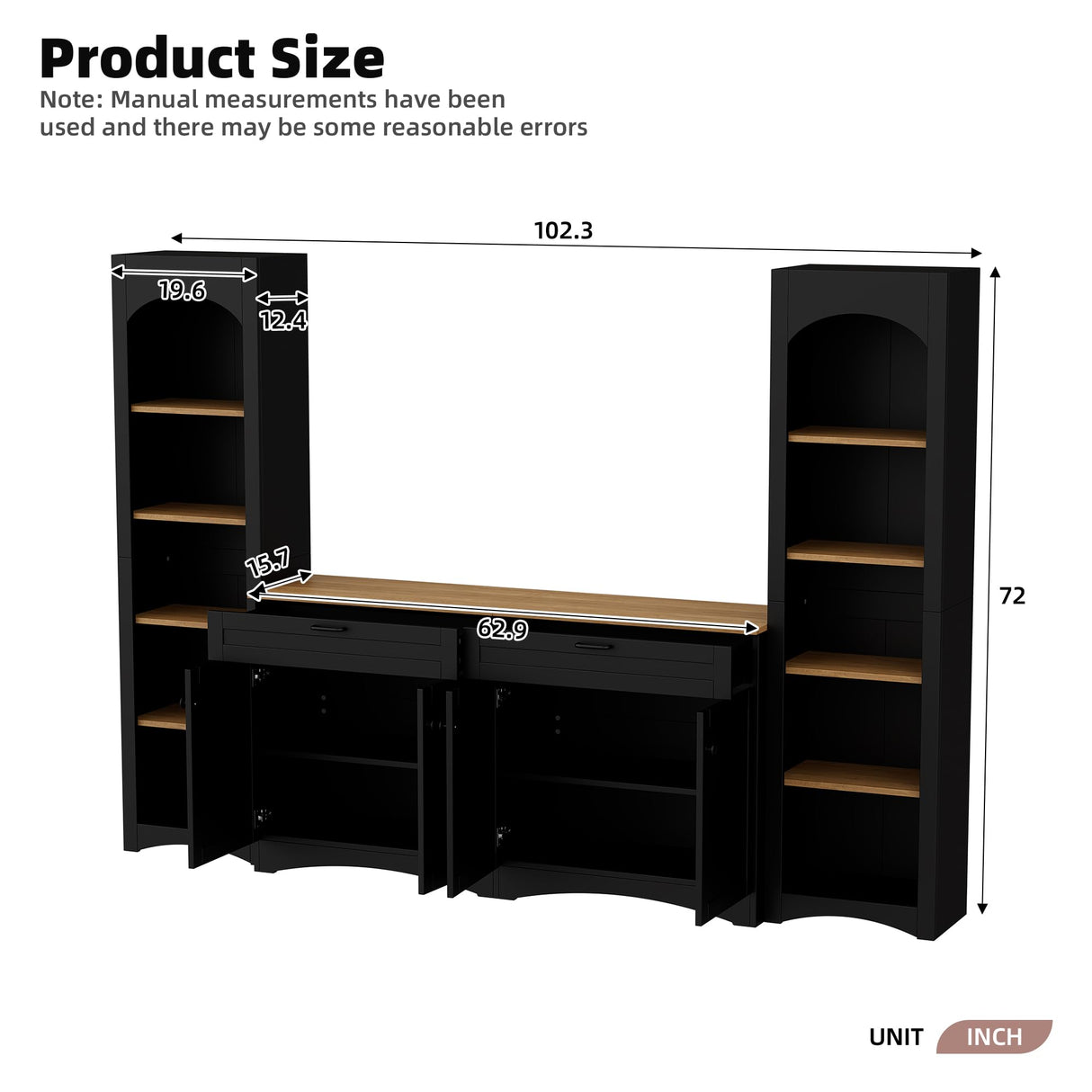 3-Piece Farmhouse Large TV Stand with Storage Cabinet for TVs Up to 70", TV Entertainment Center Media Center with Bookshelf, Versatile Sideboard with Adjustable Shelves for Living Room (Black) BEDGJH