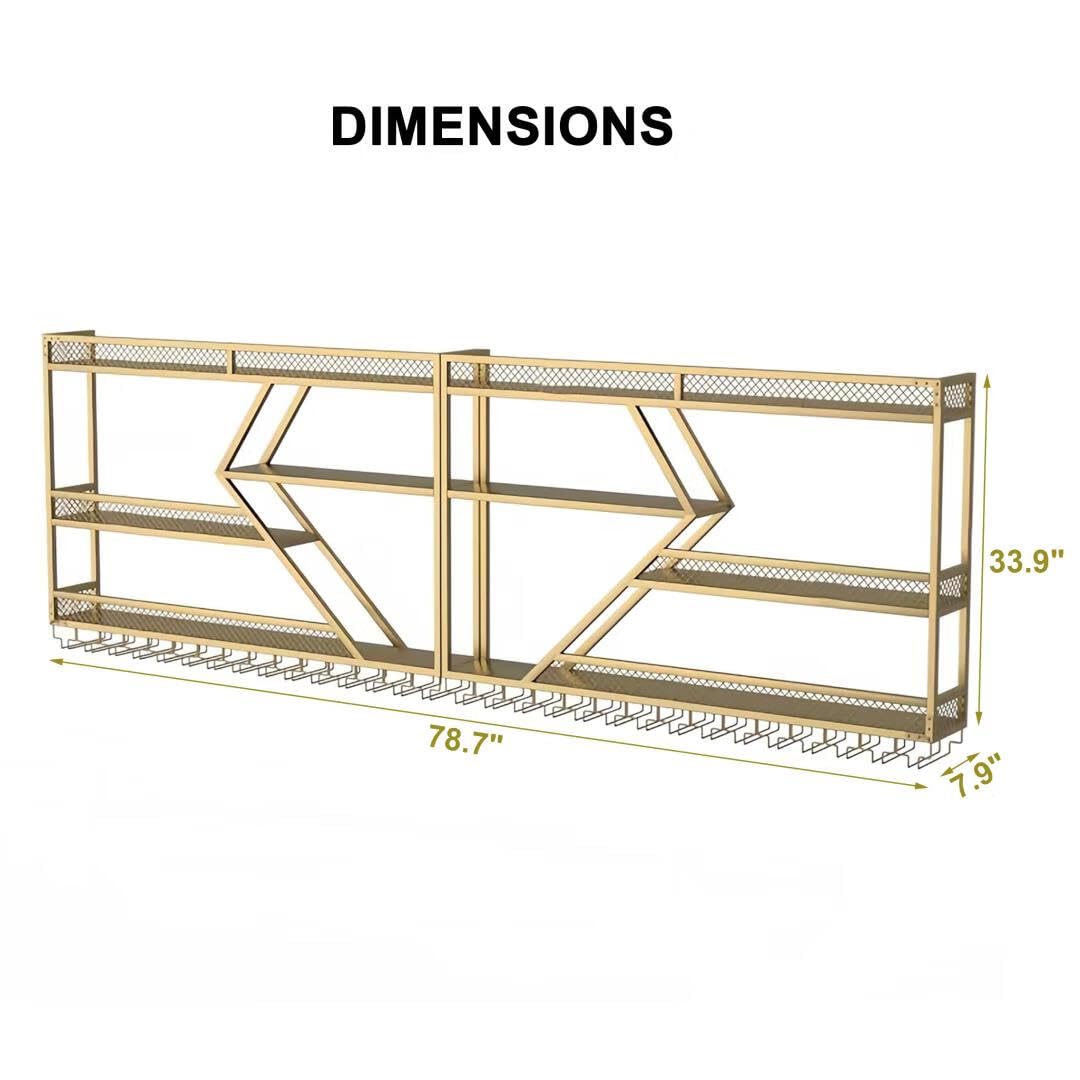 Wall Mounted 79in Wine Rack with LED Lighting Glass Holder, Liquor Bottles Shelves Display Storage Organizer Hanging Long Stemware Goblet Metal for Home Mini Bar Cellar Golden Generic