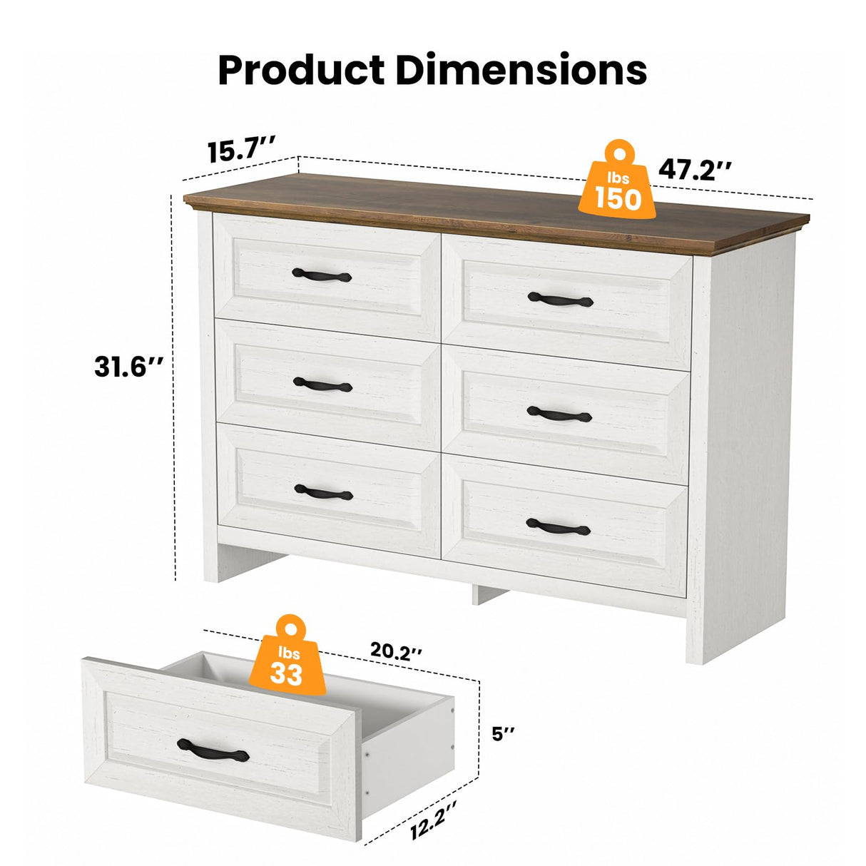 Amada Farmhouse 6 Drawer Dresser for Bedroom, 47.2 Inch Wide Wood Dresser with Natural Texture, Large Drawers, Rustic Farmhouse Chest of Drawers for Bedroom, Living Room, Hallway, Brown & White AMADA HOMEFURNISHING
