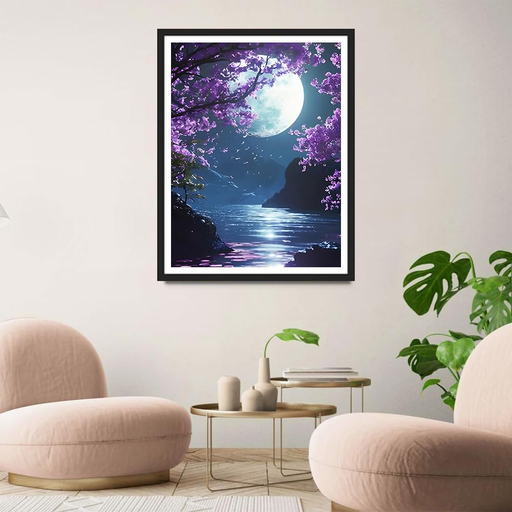 QINRUBB DIY Bright Moon Diamond Painting Kits, Full Drill Moonlight Diamond Art Painting Kits for Adults Beginners, DIY 5D Painting by Numbers Tree Diamond Art Kits for Home Decor 12x16inch QINRUBB