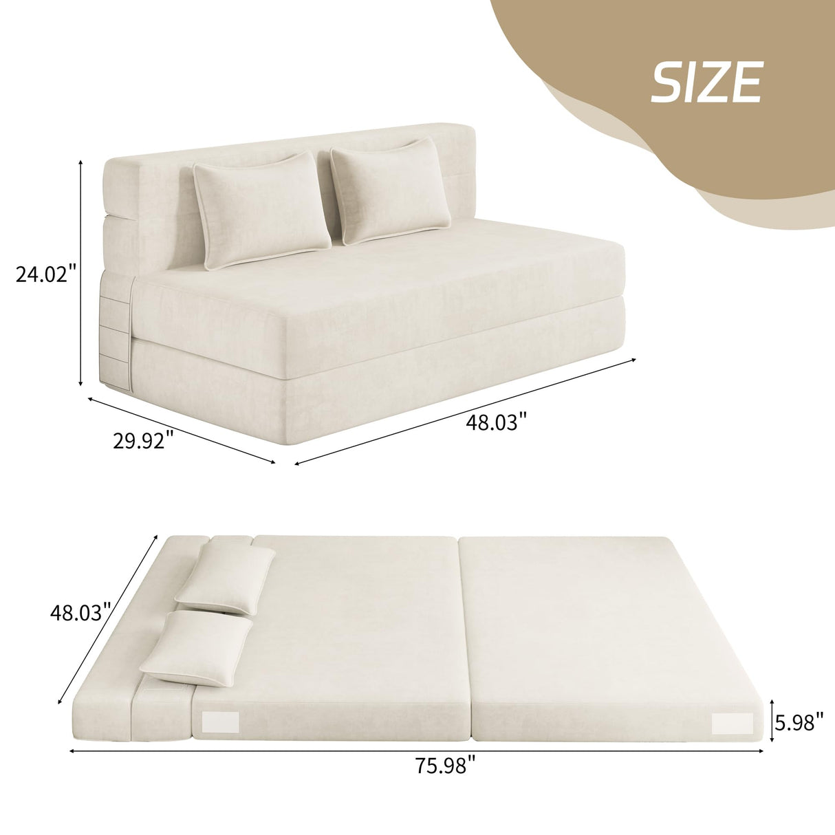 Luoxiao Folding Sofa Bed Convertible Sleeper Chair Full Size with Pillows, Foldable Futon Lazy Floor Sofa Bed, Portable Fold Out Chair Bed for Living Room/Dorm/Guest Room, Washable Cover, Off White Luoxiao