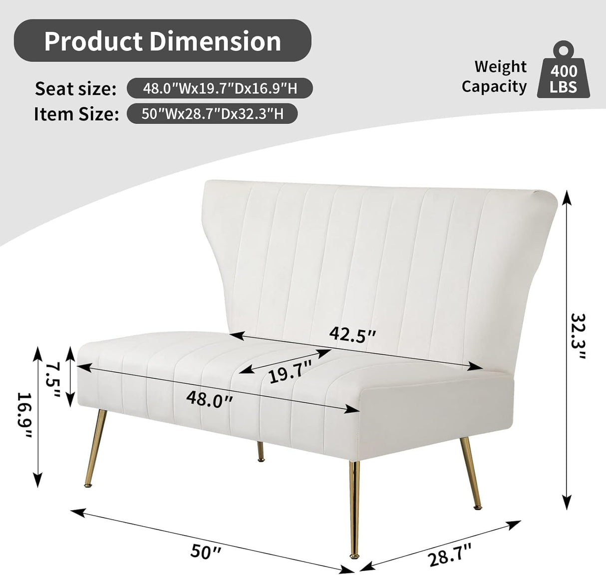 WQSLHX 50’’ Velvet Modern Armless Loveseat for Living Room Bedroom, Upholstered Small Wingback Couch Sofa with Gold Metal Legs & 2 Seater WQSLHX