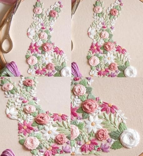 YOUDRN Bunny in Bloom Easter Embroidery Kit for Beginners, Embroidery Kits for Adults,DIY Hand Bunny Embroidery Easter Cross Stitch Starter Set with Pattern,Threads,Needles,Instruction,20cm Hoop