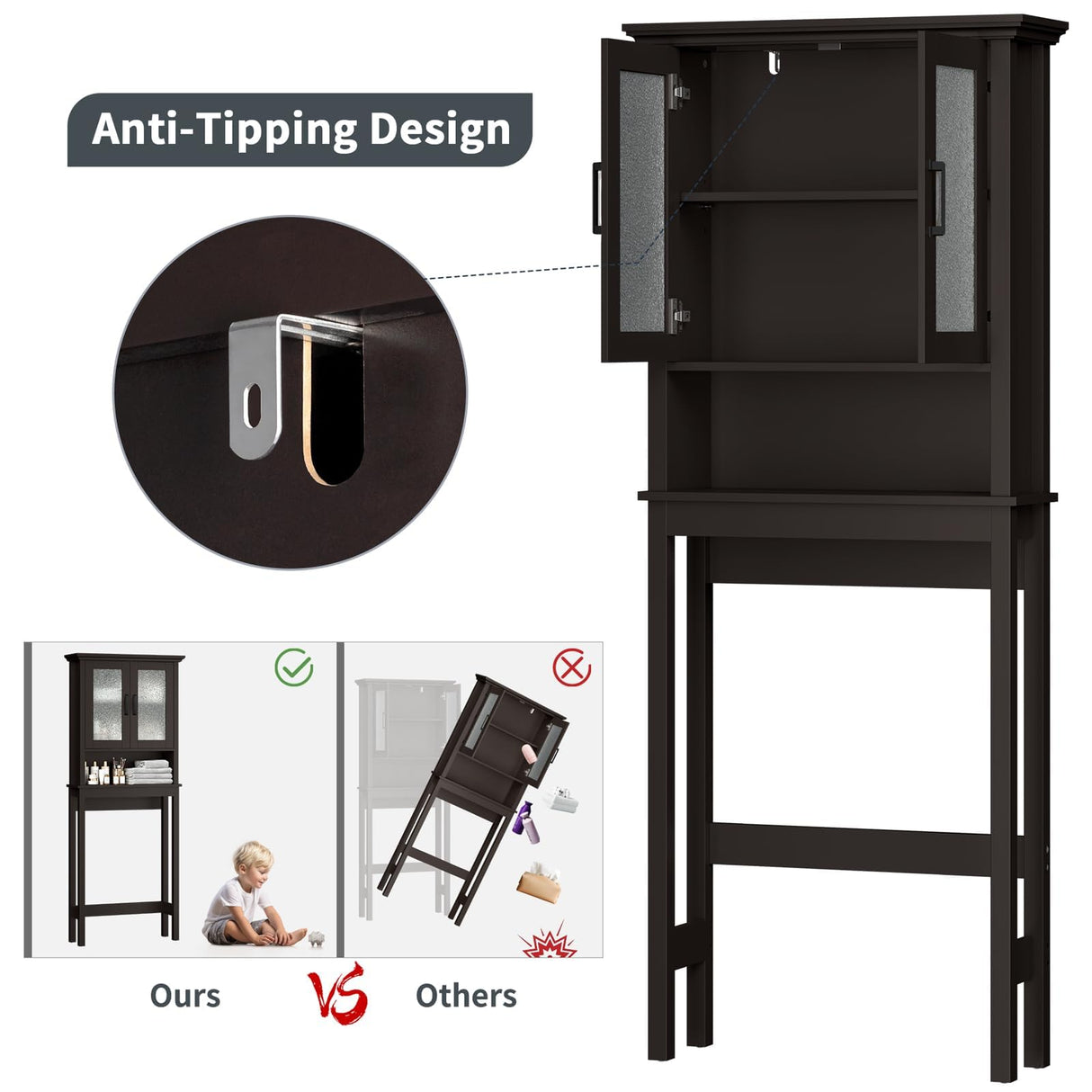 Baztin Over The Toilet Storage Cabinet, Over Toilet Bathroom Organizer with Glass Doors and Adjustable Shelf, Thicken Frame Above Toilet Storage Cabinet Behind Toilet Bathroom Organizer, Espresso Baztin