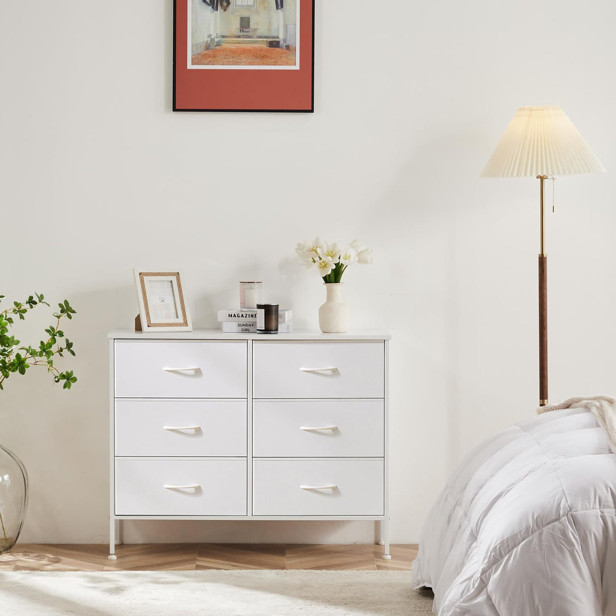 Sweetcrispy Dresser for Bedroom with 6 Storage Drawers, Fabric Storage Tower Organizer, Chest of Drawers with Metal Frame Wooden Top for Closet, Living Room, Entryway, White Sweetcrispy