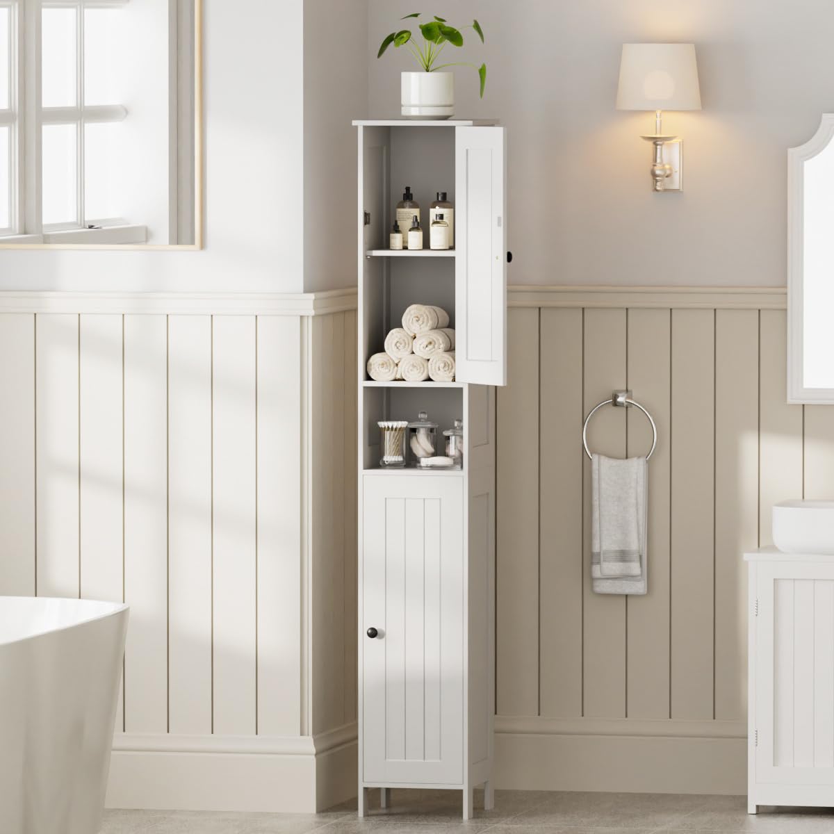 Homleke Tall Bathroom Storage Cabinet with 2 Doors, 67"H Narrow Storage Cabinet with Adjustable Shelves& Anti-Tip Design, Reversible Door Installation, Easy Assembly, 11.8 x 11.8 x 66.9 Inches, White Homleke