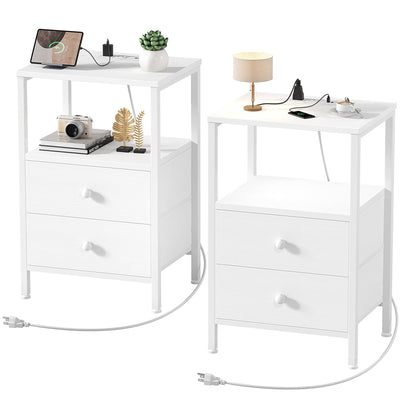KAI-ROAD White Nightstands Set of 2 with Charging Station, Bedroom Night Stand Set 2 Small Night Stands with Drawers and Shelf Storage End Table Dorm Bedside Table Modern