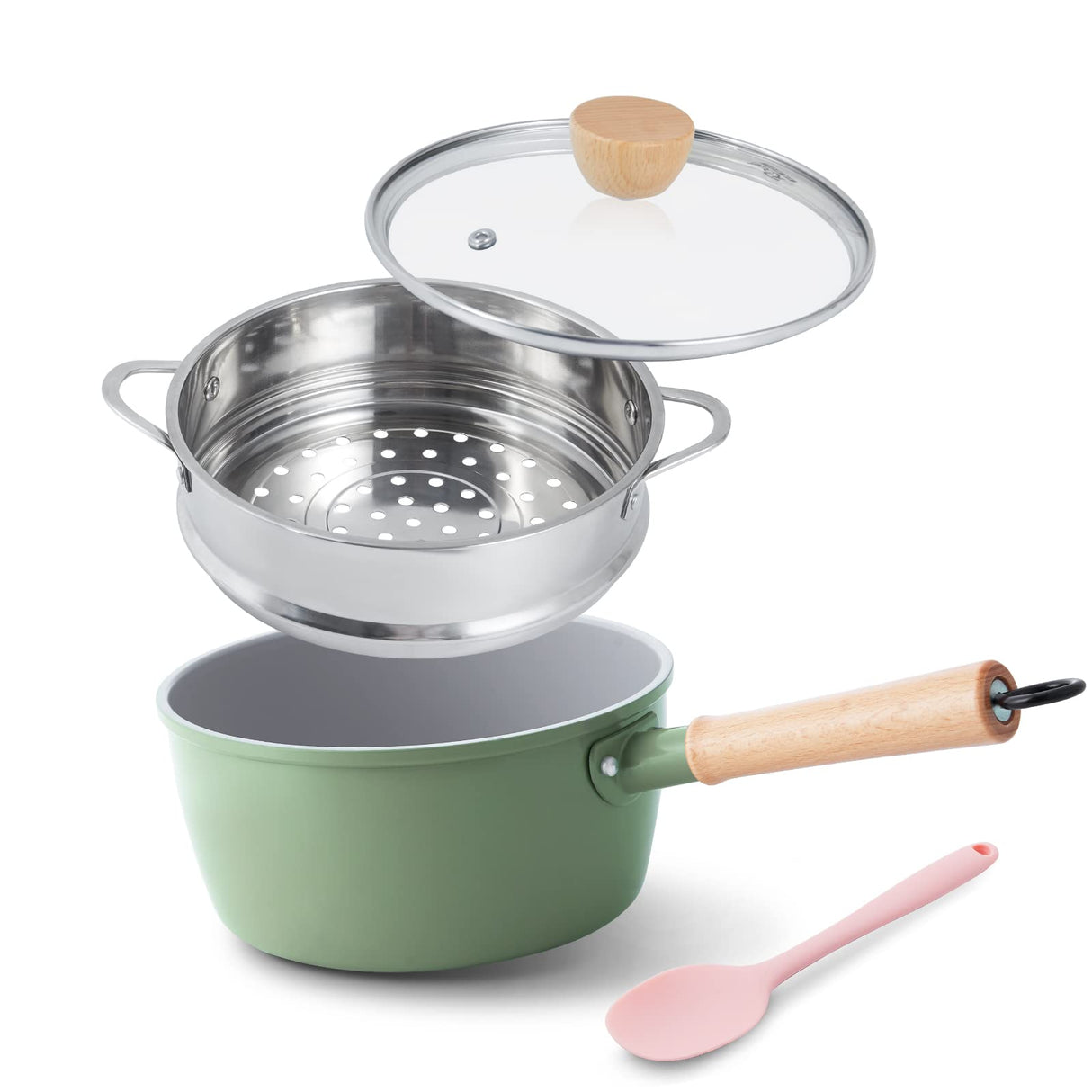 ROCKURWOK Ceramic Nonstick Sauce Pan with Lid, 2 Quart Cooking Pot, Small Saucepan with Steamer, PTFE& PFAS-Free, Wooden Handle for Cool Touch, Universal Base(Gas, Electric & Induction), Green ROCKURWOK