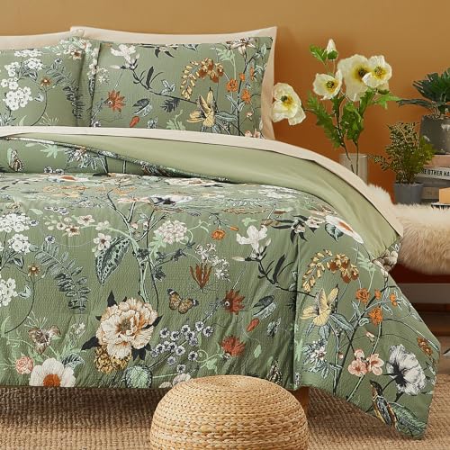 CASAAGUSTO Full Size Comforter Sets-7 Pieces Green Floral Bedding Sets, Bed in a Bag Full with Botanical Butterfly Comforter, Sheets, Pillowcases & Shams for All Seasons CASAAGUSTO