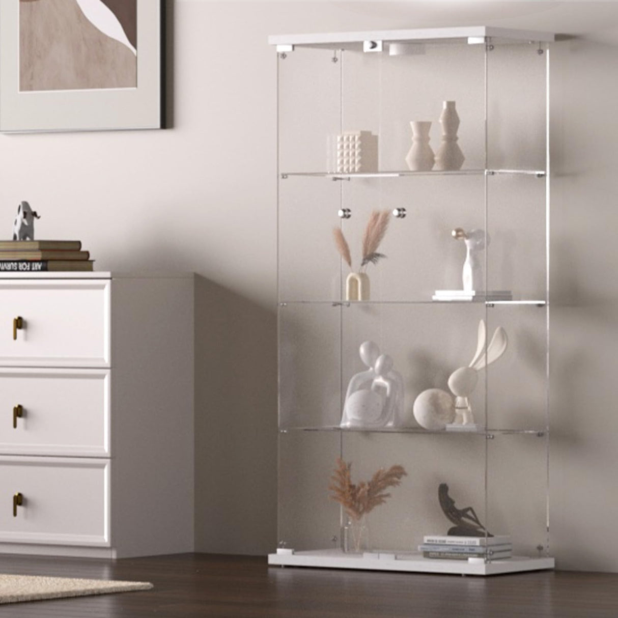 HAMBING Glass Display Cabinet 4 Shelves with Light and Lock, 2 Doors Trophy Curio Jewelry Cabinet Collection Display Showcase, for Bedroom, Office, HAMBING