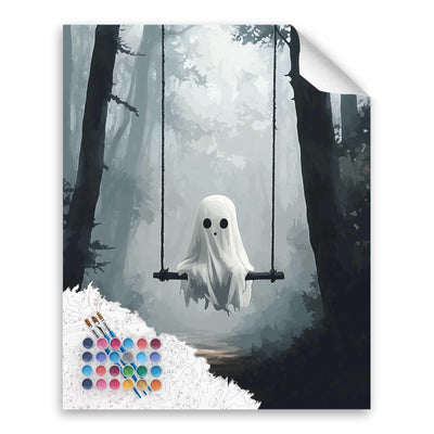 Ghost Sitting on Swing Paint by Numbers Kit for Adult, Halloween Paint by Number, Misty Forest Landscape Easy Acrylic DIY Oil Painting on Canvas for Gift Home Wall Decor(16x20inch, No Frame)