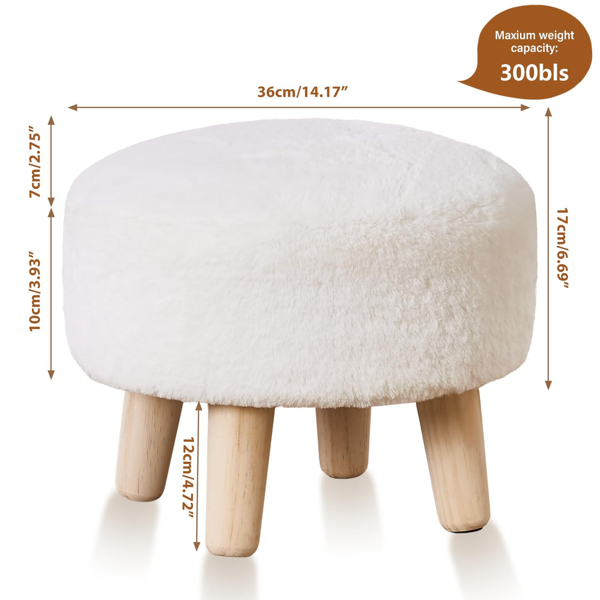 Cpintltr Round Footstool Ottoman Rabbit Wool Mushroom Stool Solid Wood Stool Small Upholstered Ottoman Shoe Changing Foot Stool Step Stool Sofa Footrest Stool for Living Room Bedroom (White) Cpintltr