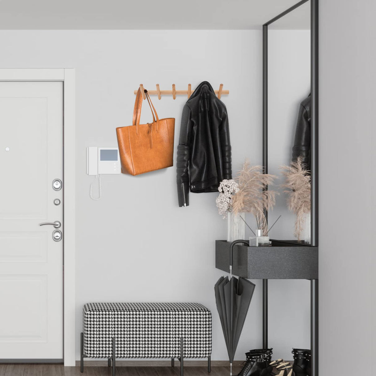 KYSMOTIC Modern Wood Coat and Hat Rack - Wall Mounted - 6 Peg Hooks - Stylish, Natural, Smooth KYSMOTIC