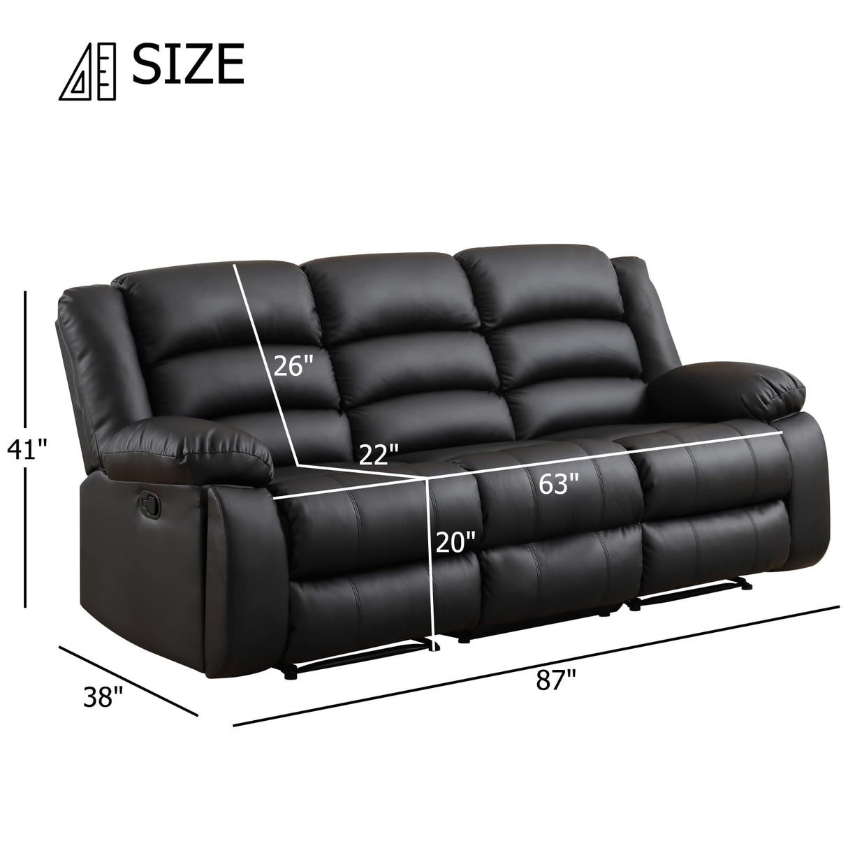 EBELLO Faux Leather Manual Reclining Sofa with 2 Concealed Cup Holders,Overstuffed Armrest 3 Seat Recliner Sofa, Couch for Living Room, Bedroom, Meeting Room, Black, Sofa EBELLO