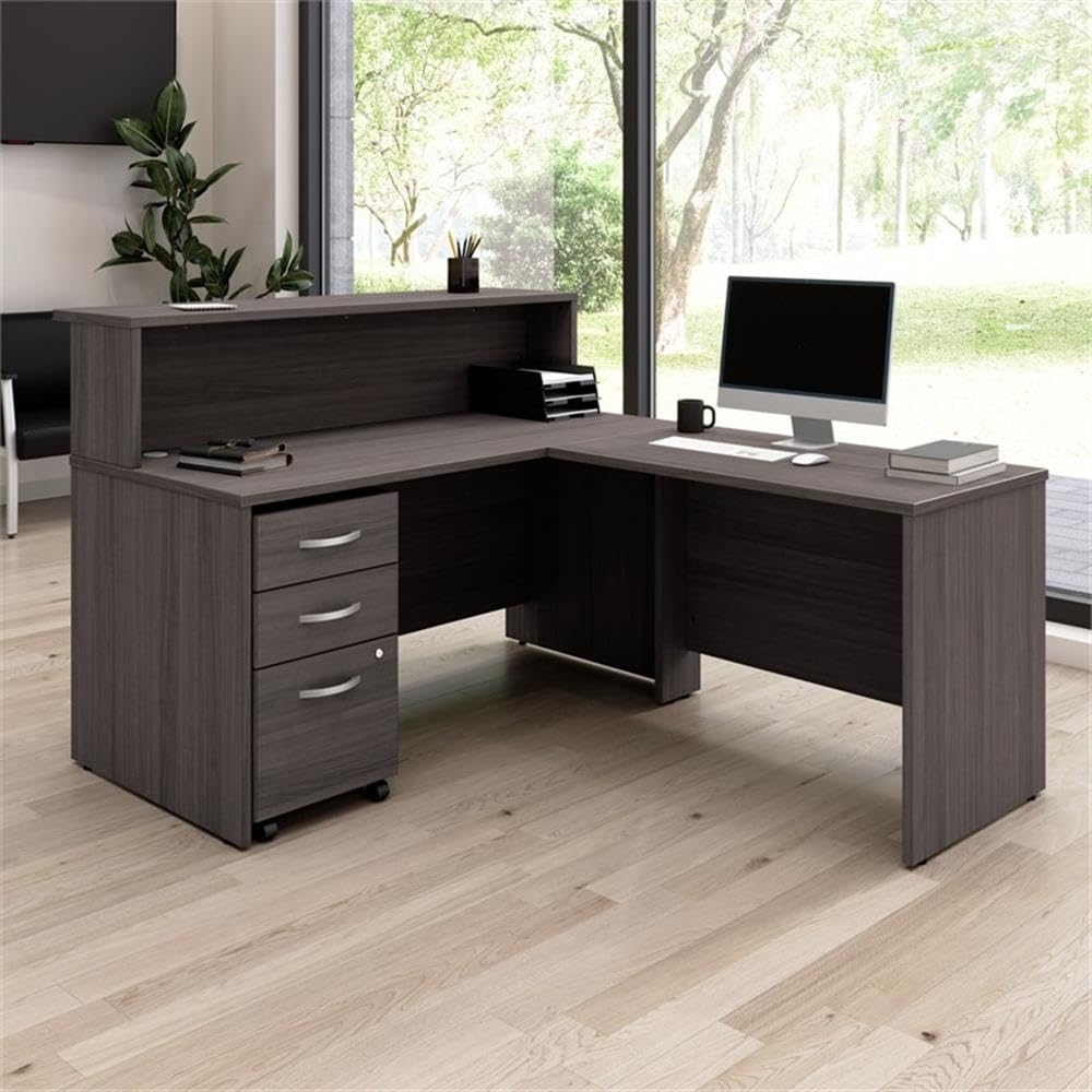 Bush Business Furniture Arrive 60W x 72D L Shaped Reception Desk with Shelf and Mobile File Cabinet in Storm Gray Bush Furniture