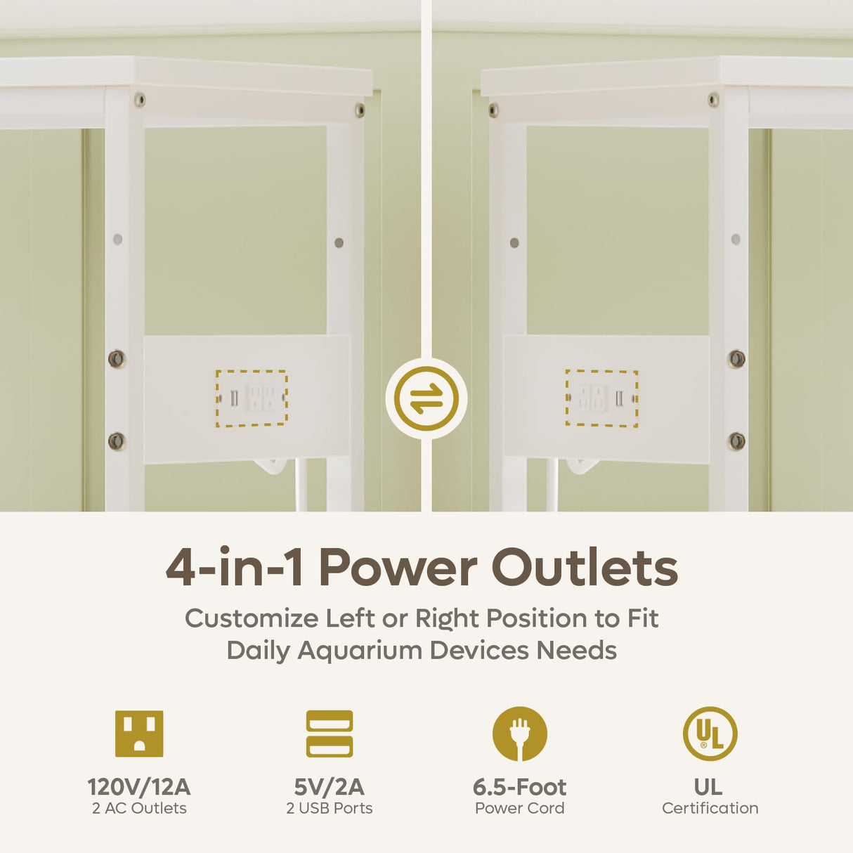 Bestier 20-29 Gallon Fish Tank Stand with Power Outlets, Metal Long Aquarium Stand with Storage Cabinet, 31x15 Reptile Terrarium Stand with Horizontal Gold Line, Stainless Hooks, 350 Lbs(White) Bestier