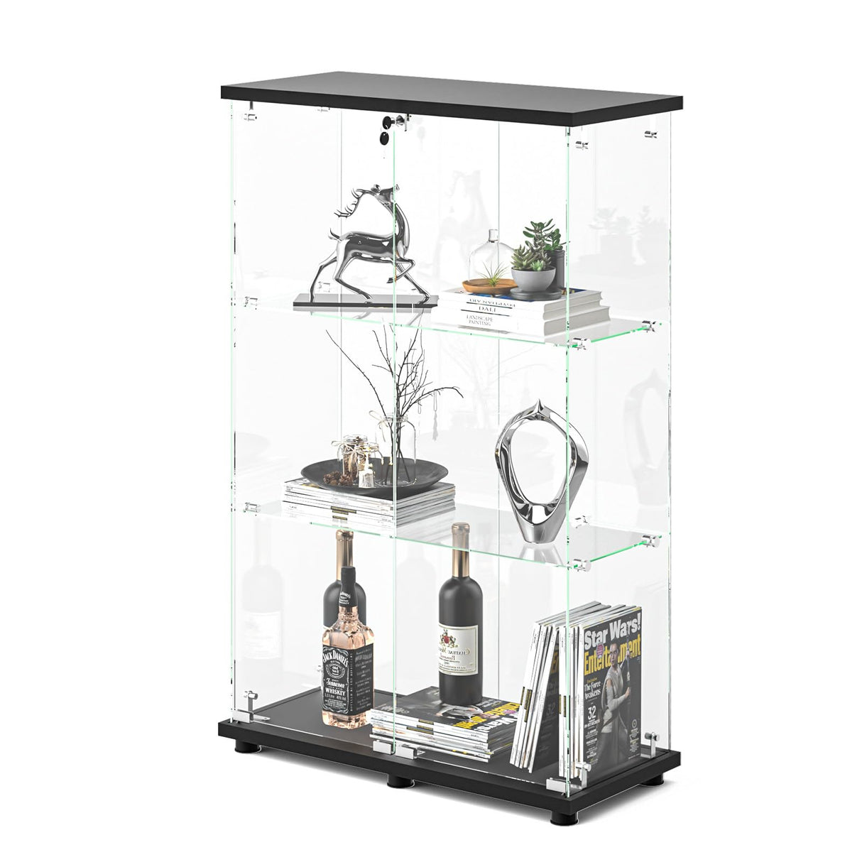 VINGLI Glass Display Cabinet with 3 Shelves, Double Doors and Lock, Floor Standing Curio Cabinets with LED Light, Upgraded Tempered Glass Bookshelf, for Living Room Living Room Bedroom Office, Black VINGLI