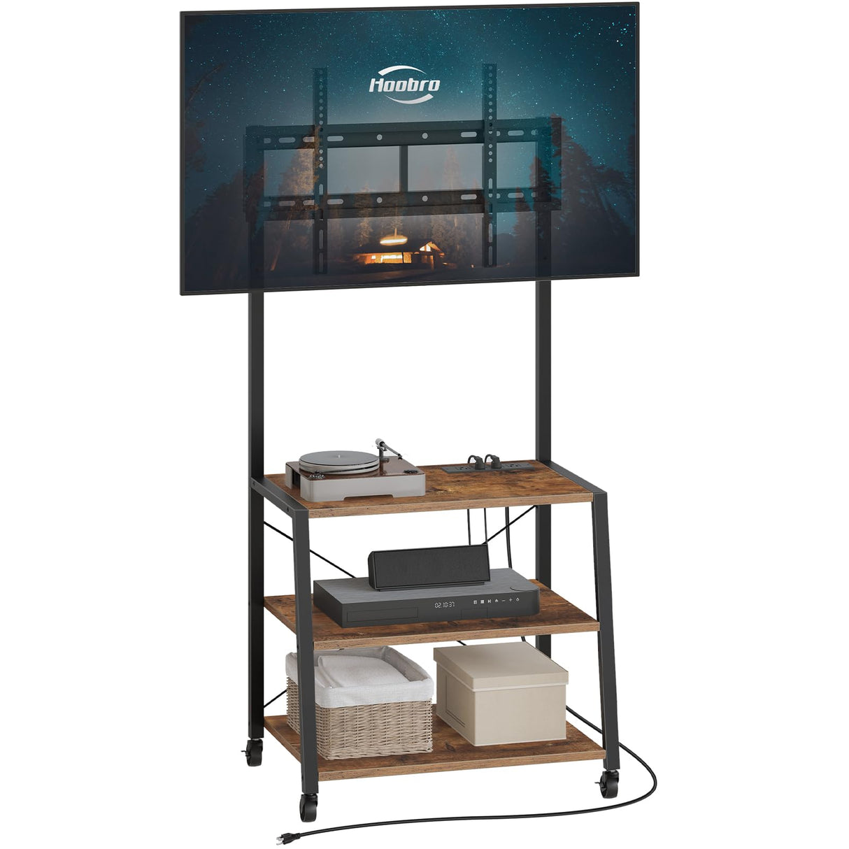 HOOBRO Rolling TV Stand with Mount and Power Outlet Up to 55 inch TV, Corner Entertainment Center, Small TV Stand with 3-Tier Storage Shelves for Living Room, Bedroom, Rustic Brown and Black BF66UDS01 HOOBRO