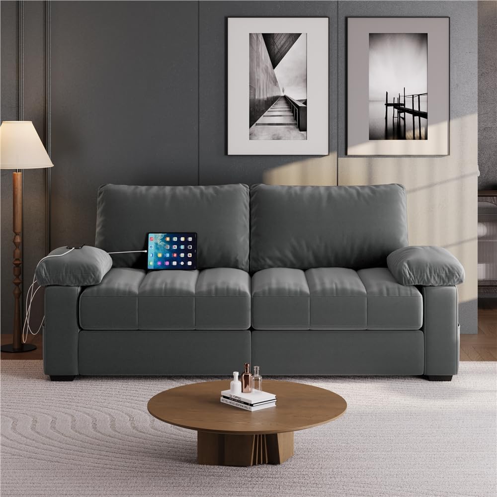 Yaheetech 79" Velvet Couch, Comfy Sofa with Pocket Coils, Deep Seat, Storage Pockets and USB Ports, 2 Seater Modern Loveseat Sofas with Removable Cover, Pillow Top Arms for Living Room Apartment Gray Yaheetech