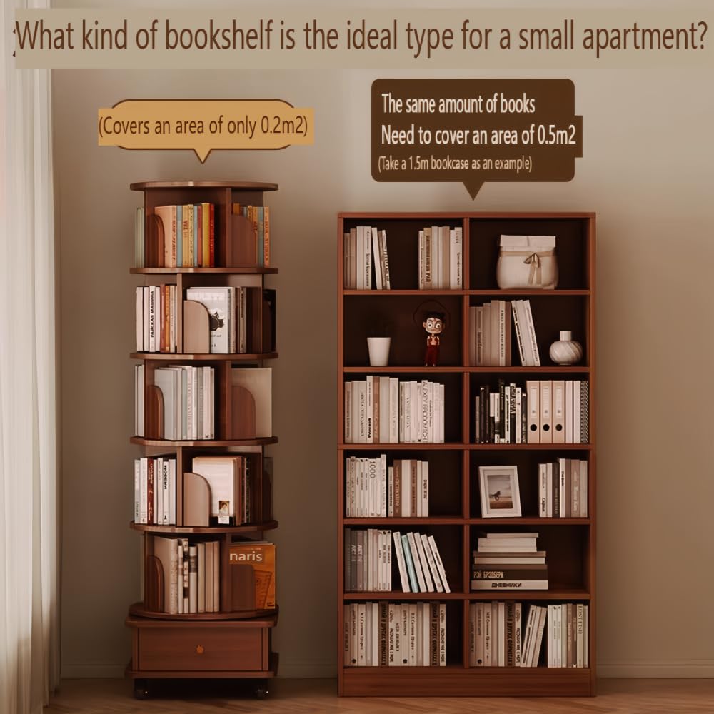 Angel Sar Modern 6 Tier Rotating Bookshelf with Drawer & Wheels, 360° Spinning Corner Bookcase for Small Spaces, Tall Storage Shelf for Bedroom, Living Room, or Office, Walnut Angel Sar