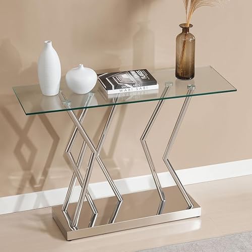BECHAEO Tempered Glass Console Table for Entryway, 43.3" Modern Console Table with Chromed Legs, Silver Sofa Table for Living Room Hallway Entryway BECHAEO