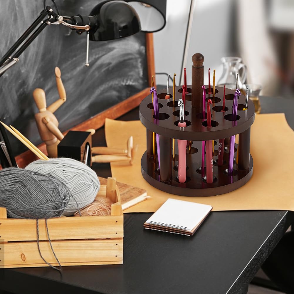 FINGERINSPIRE Wooden Crochet Hooks Holder 7.2x7.75inch Crochet Hooks Crafts Organizer With 16 Holes Coconut Brown Pine Wood Knitting Cases Sewing Supplies Storage for Knitting FINGERINSPIRE