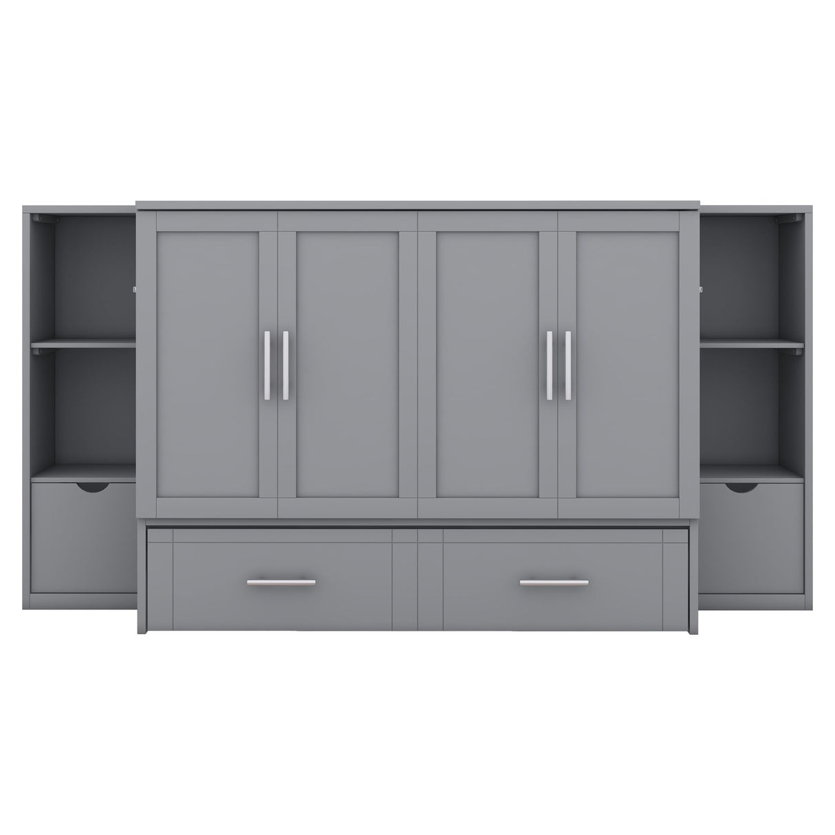 Full Size Murphy Wall Bed With Storage and Bookcase Headboard, Solid Wood Cabinets With Shelves, Drawers and USB Ports, Multi-Function Platform for Home Office, Guest Room - Gray Harper & Bright Designs