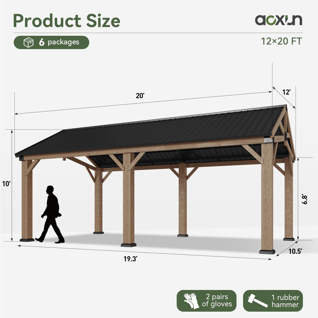 Aoxun 12' x 20' Outdoor Wood Gazebo, Hardtop Gazebo Permanent Wooden Pavilion with Galvanized Steel Gable Roof, for Patio, Garden, Deck, Cedar Wood Aoxun