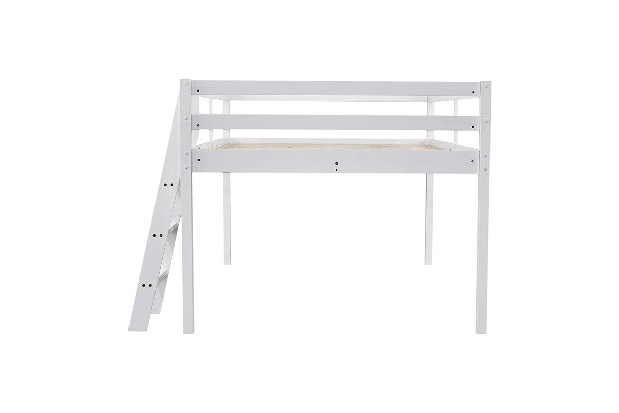 Bonnlo Low Loft Bed Full Size with Inclined Stairs, Junior Loft Bed with High Guard Rail for Kids/Young Teens/Adults, Solid Wood Low Bunk Bed Full Size White, 2 Center Beams, No Box Spring Required Bonnlo