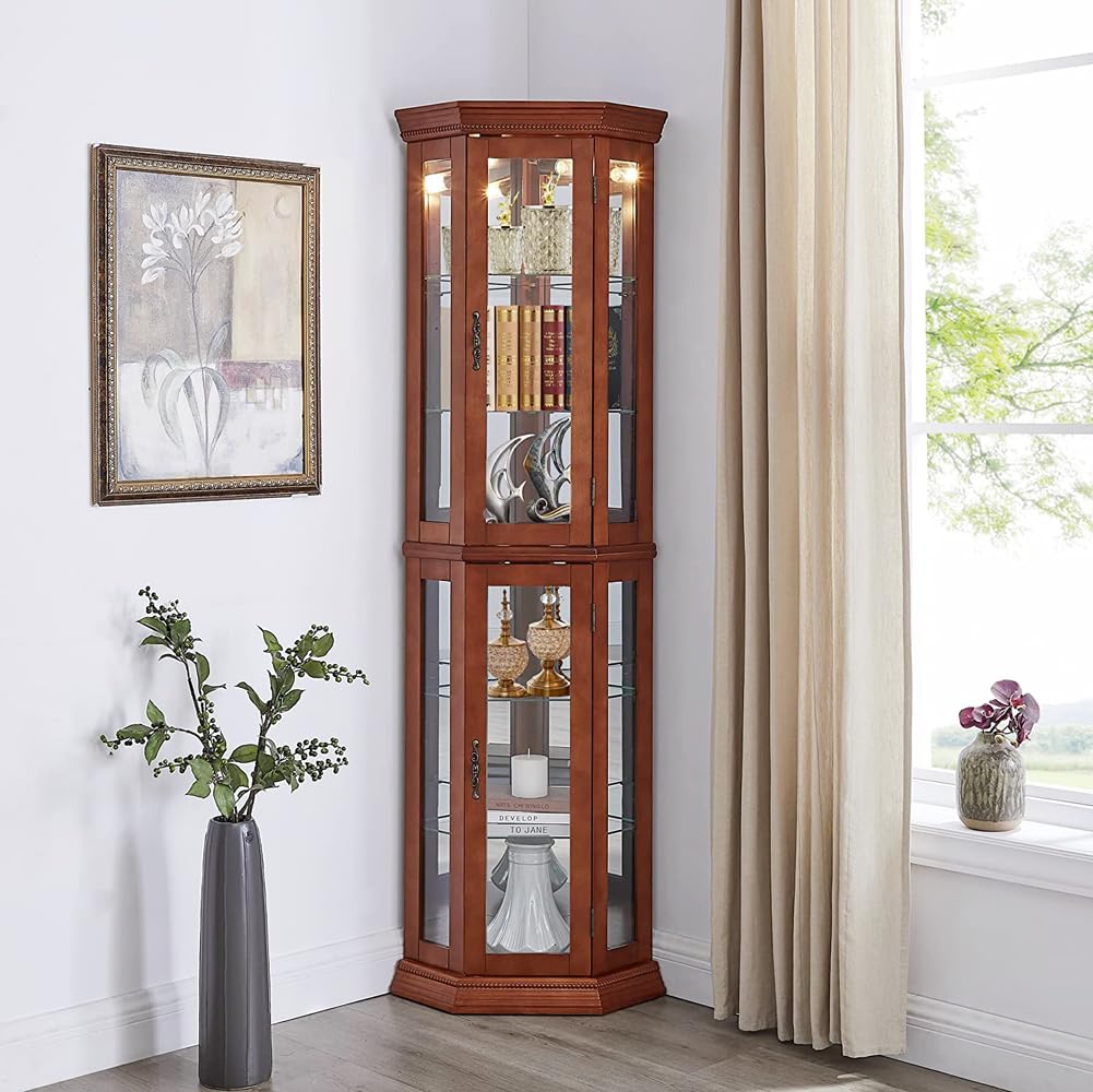 Yone jx je Corner Curio Cabinet with Lights,Bar Storage Cabinet, Adjustable Tempered Glass Shelves, Mirrored Back, Display Cabinet,Walnut (E26 Light Bulb not Included) Yone jx je