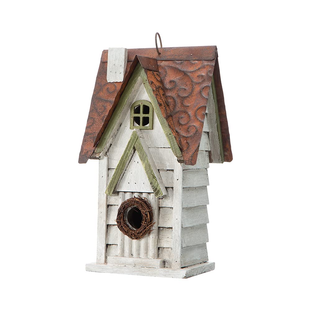 Glitzhome 12" H Washed White Distressed Solid Wood Cottage Birdhouse Hanging Bird House for Outdoors Glitzhome