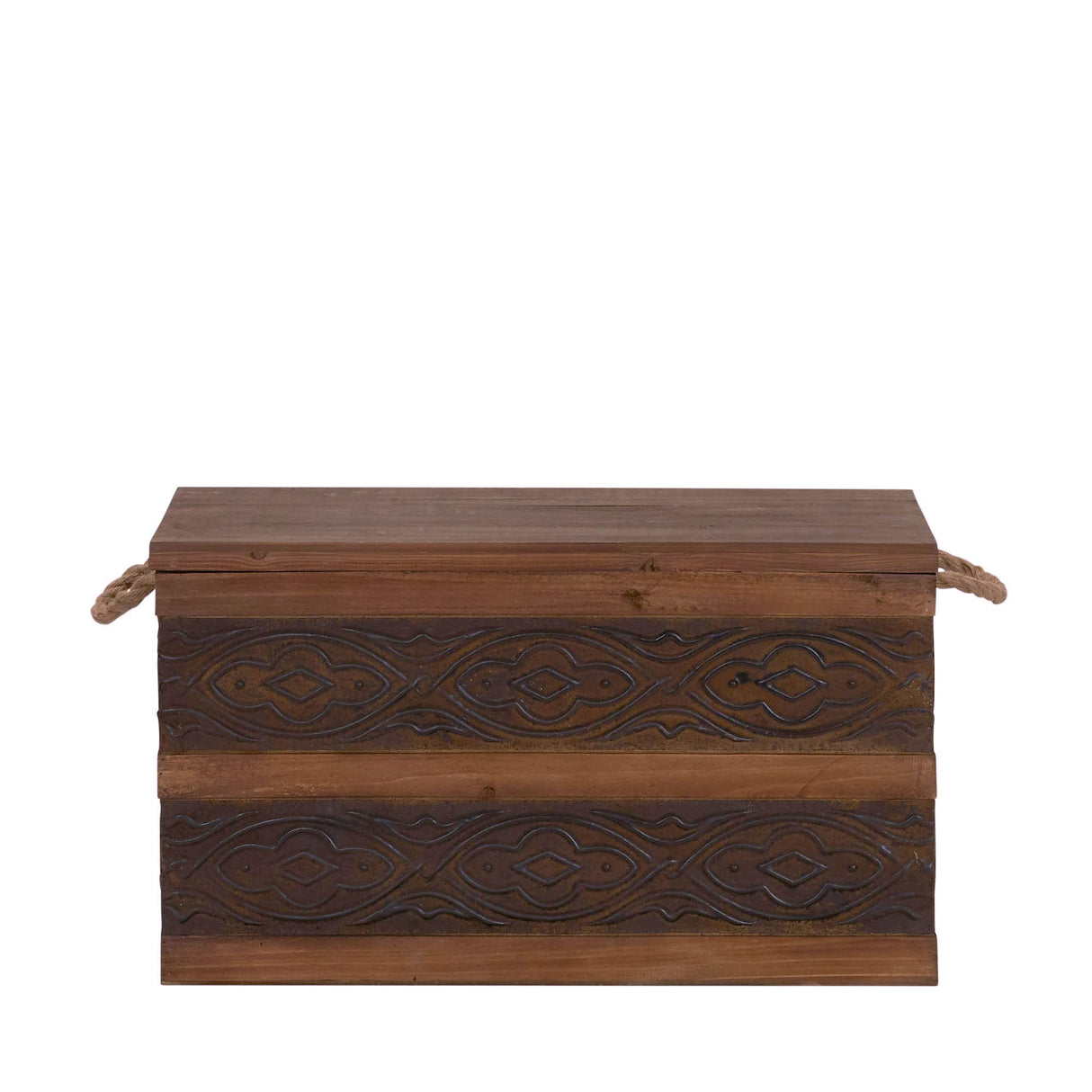 Household Essentials Decorative Trunk, Embossed Metal, Large, Chinese Fir Wood, Darkened Interior, Rope Handles, Flat and Fully Opening Lid, Handmade, Walnut and Almond Stain Household Essentials