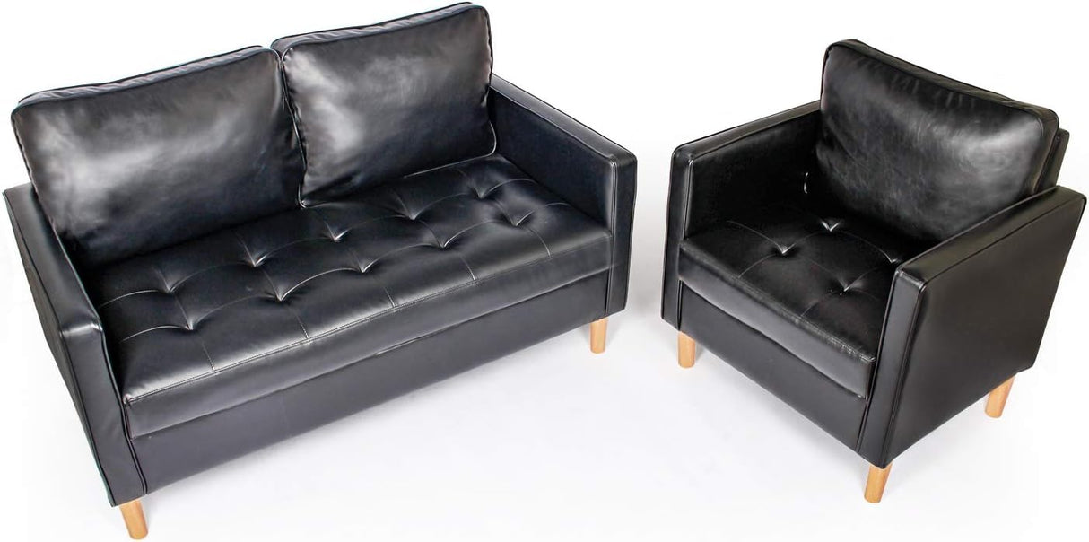 VAMEPOLE Sectional Sofa Couch 2 Pic, Black Leather Loveseat and Accent Chair for Living Room, Stitching Tufted Comfortable Love Seat for Small Space, Office, Meeting Room, Living Room Furniture Sets VAMEPOLE