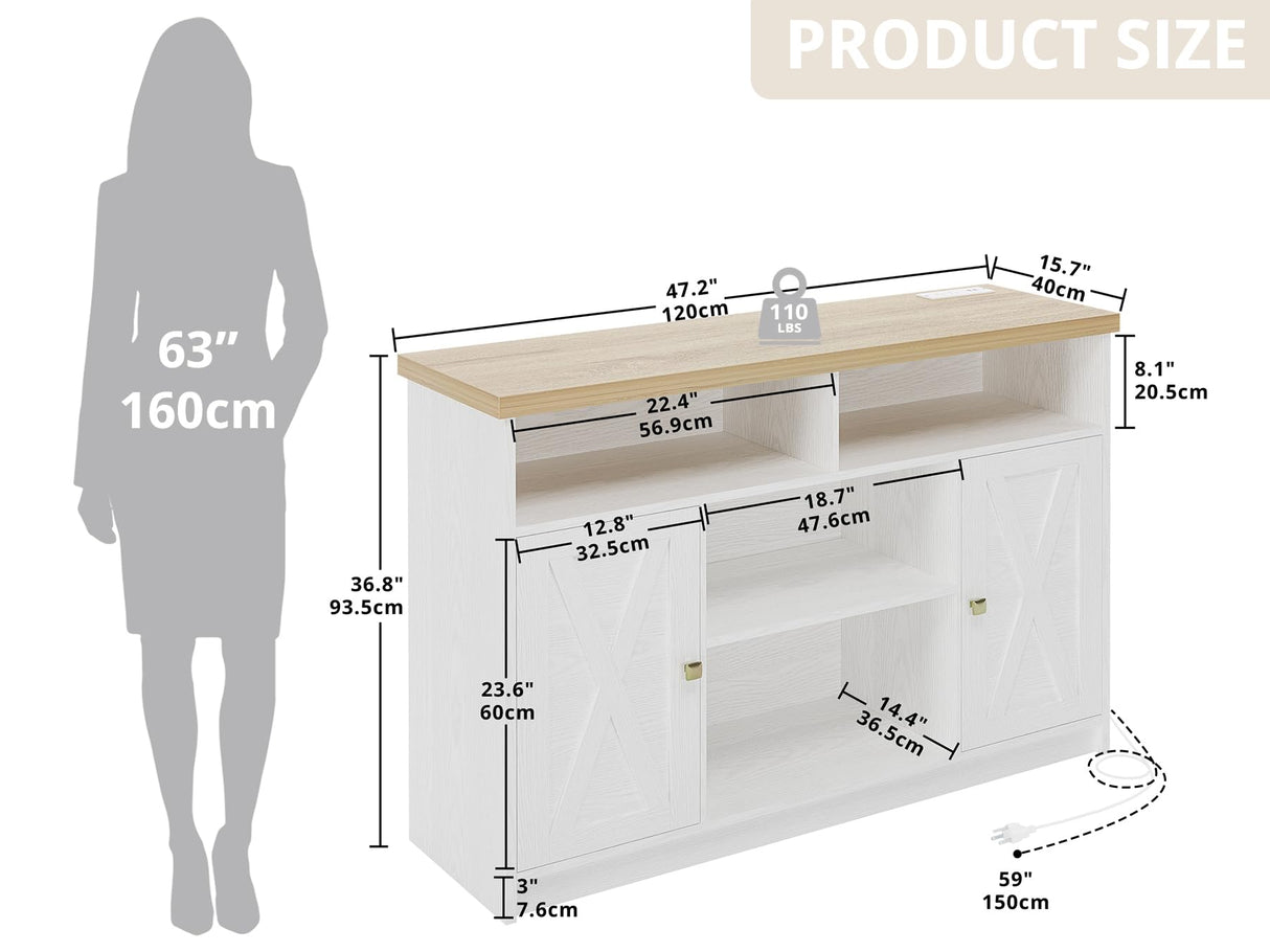 IRONCK Coffee Bar Cabinet with Power Strip, 47" Storage Cabinet with Barn Doors and Thickened Top Board, White Sideboard, Buffet for Dinning Room, Kitchen, Living Room IRONCK