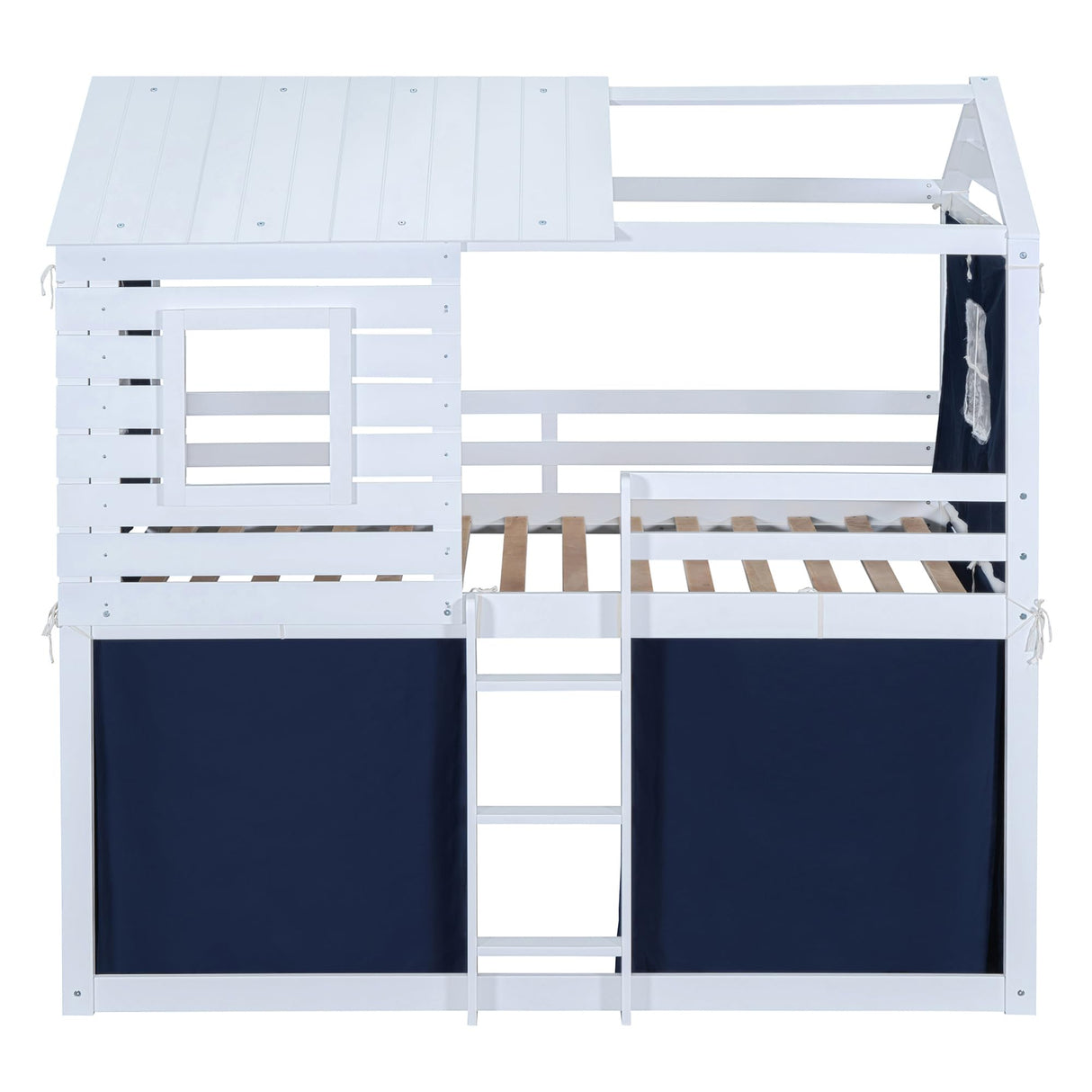 Harper & Bright Designs Twin Over Twin Bunk Bed, Wood Twin Size Bunk House Bed with Tent and Windows, Blue+White Harper & Bright Designs
