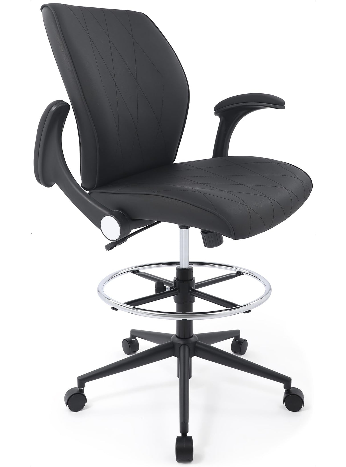 Ergonomic Mid-Back Leather Adjustable Drafting Chair with Flip-up Arms and Foot Ring, Standing-Desk Matched Tall Swivel Computer Office Stool, Black CHAIRMAN