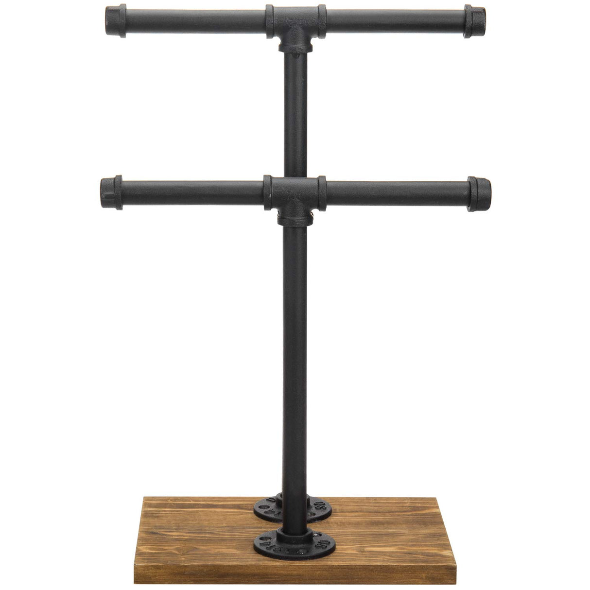 MyGift 2-Tier Urban Rustic Metal Industrial Pipe & Brown Wood T-Bar Necklace Jewelry Stand MyGift
