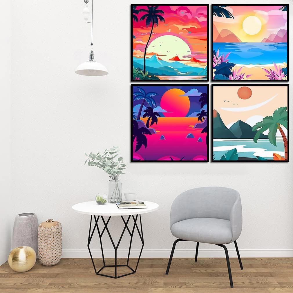 Fuinkqe 4 Pack Paint by Numbers for Adults and Kids Beginner, Landscape-Beach DIY Acrylic Painting Paint by Numbers Kits on Canvas for Kids Ages 4-8-12 Perfect for Gift Home Wall Decor(8x8in) Fuinkqe