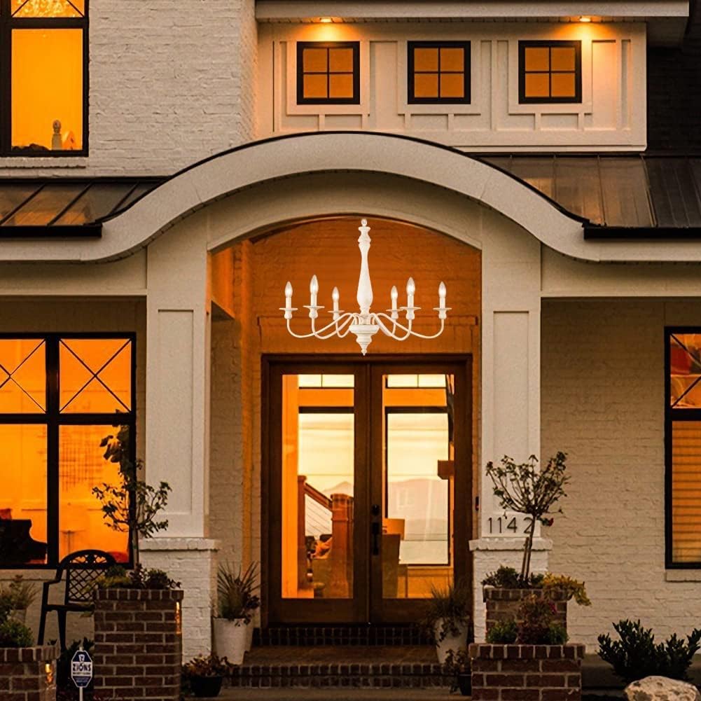 YCZHCC White Farmhouse Chandelier, 6 Lights French Country Chandeliers for Dining Room lighting fixtures, Rustic Wood Hanging Candle Pendant Light for Kitchen Island Entryway Foyer Living Room Bedroom YCZHCC