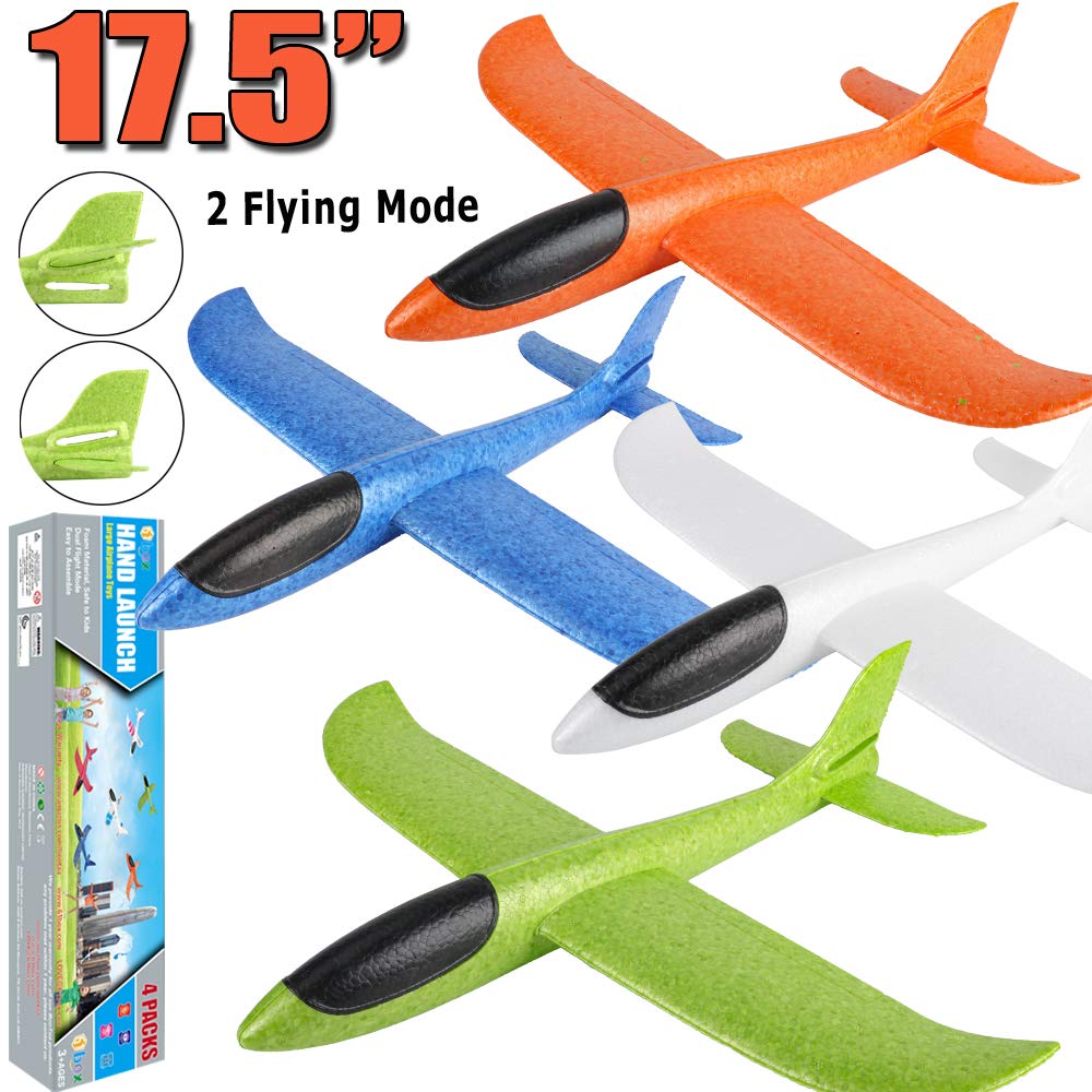 BooTaa 4 Pack Airplane/Flying Toys, 17.5" Large Throwing Foam Plane/Gliders, 2 Flight Mode, Birthday Gifts for Girls Kids 3 4 5 6 7 8 9 10 11 12 Year Old Boys,Outdoor Sport Game Toys BooTaa