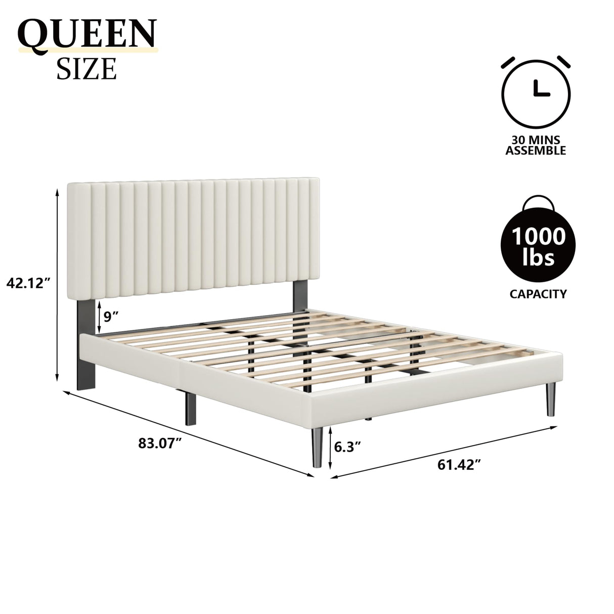 Sismplly Queen Size Bed Frame with Velvet Upholstered Headboard, Platform Bed with Strong Wood Slats, Mattress Foundation, Box Spring Optional, Easy Assembly, Beige Sismplly
