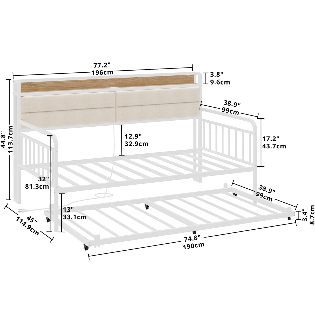 LIKIMIO Daybed with Trundle, Sturdy Metal Twin Bed Frame with Upholstered Headboard and Charging Station for Living Room, Bedroom and Guest Room, White LIKIMIO
