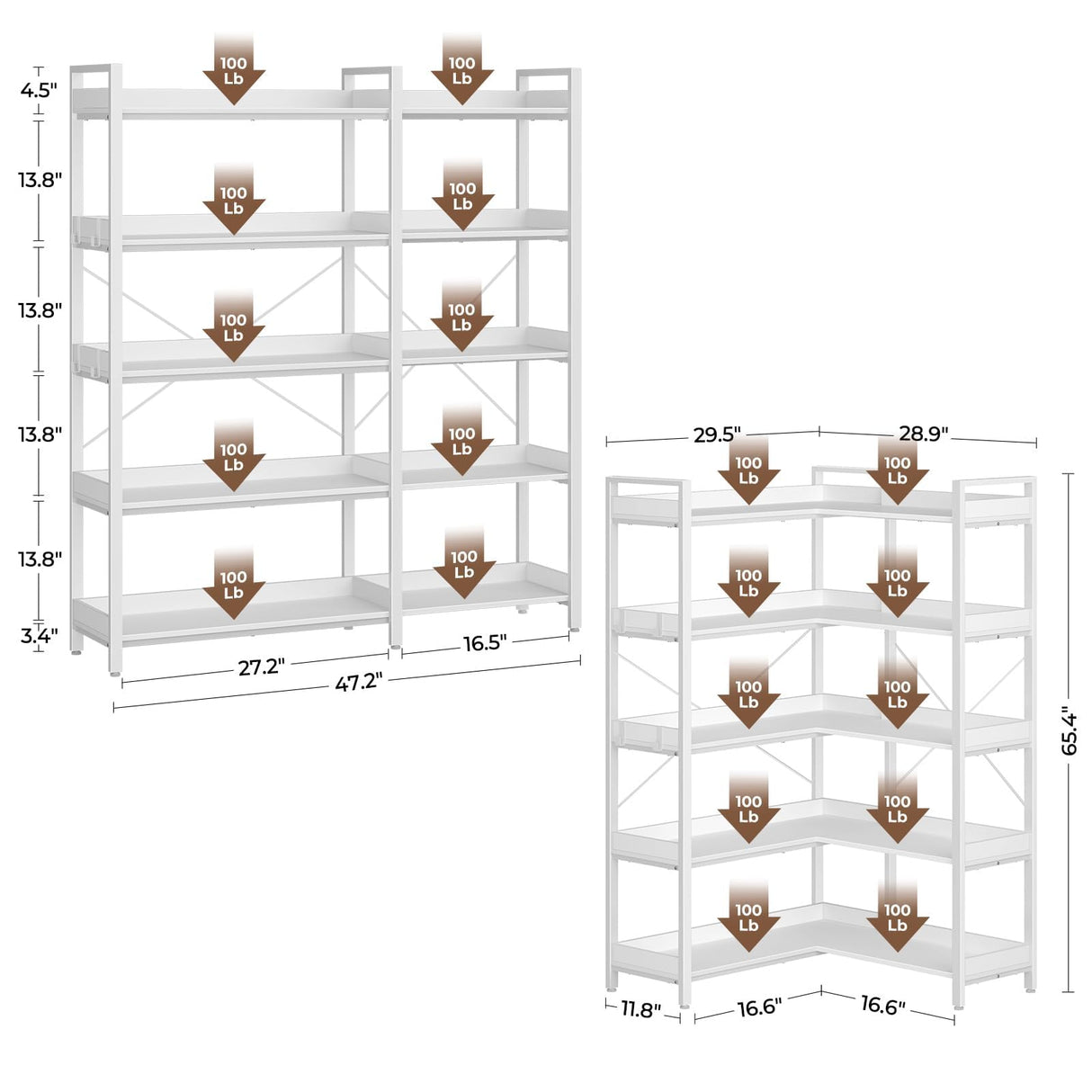 Rolanstar Bookshelf 5 Tier with 4 Hooks, Reversible Corner Bookshelf, 65" Industrial Wooden Bookcase with Open Shelves and Metal Frame for Living Room, Bedroom, Home Office, White Rolanstar