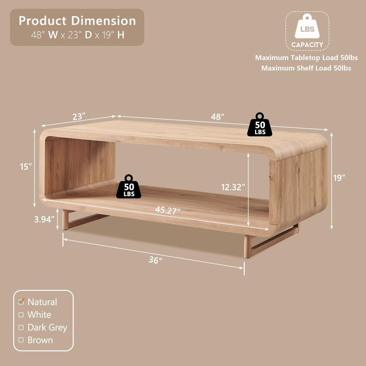 IFGET 48" Modern Coffee Table, 2-Tier Minimalist Center Table with Storage Shelf, Curved Profile Design, Wooden Rectangular Living Room Table w/Wood Thick Design for Living Room, Office, Natural Oak IFGET