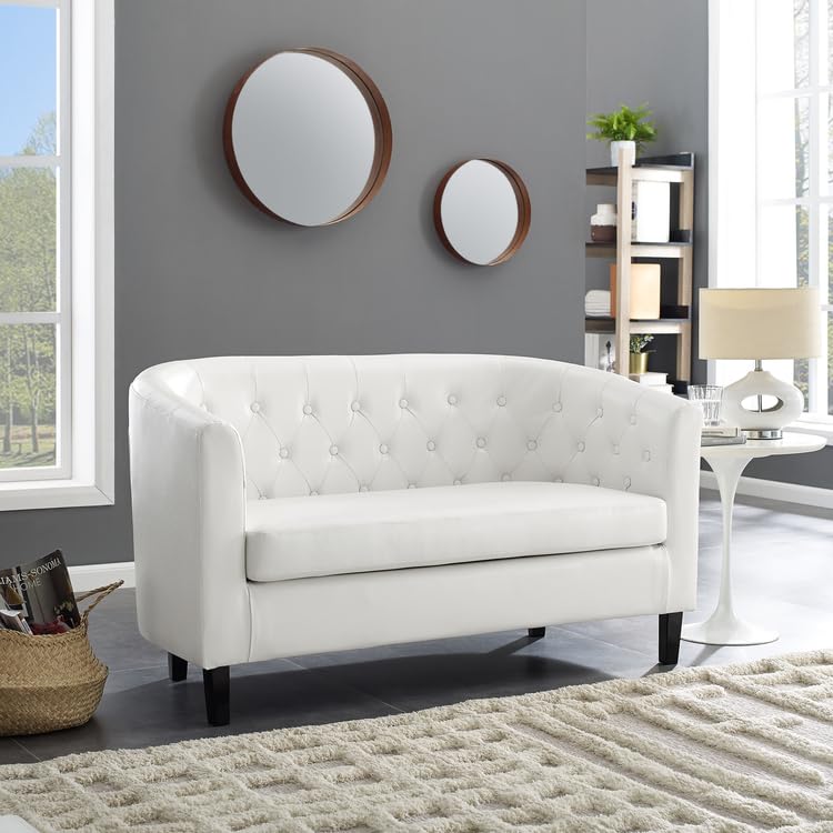 Emma Loveseat, Button Tufted Faux Leather Barrel Loveseat, Midcentury Modern 2 Seater Sofa Couch, Small Loveseat for Small Spaces, Bedrooms, Couches for Living Room, Easy Tool-Free Assembly - White Naomi Home